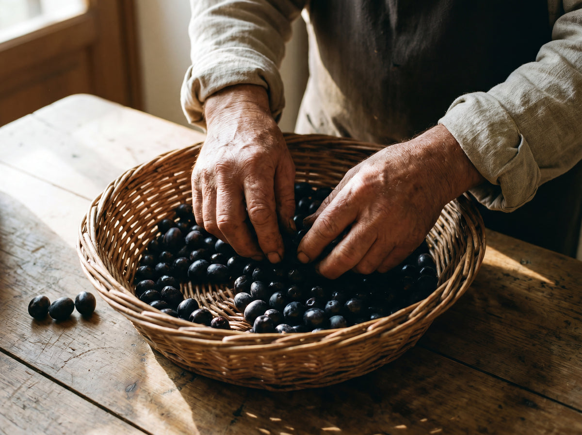 Weathered hands sorting black olives in a wicker basket