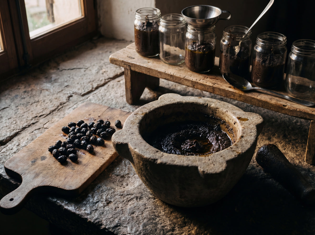 Stone mortar with dark olive paste, black olives on board, glass jars behind