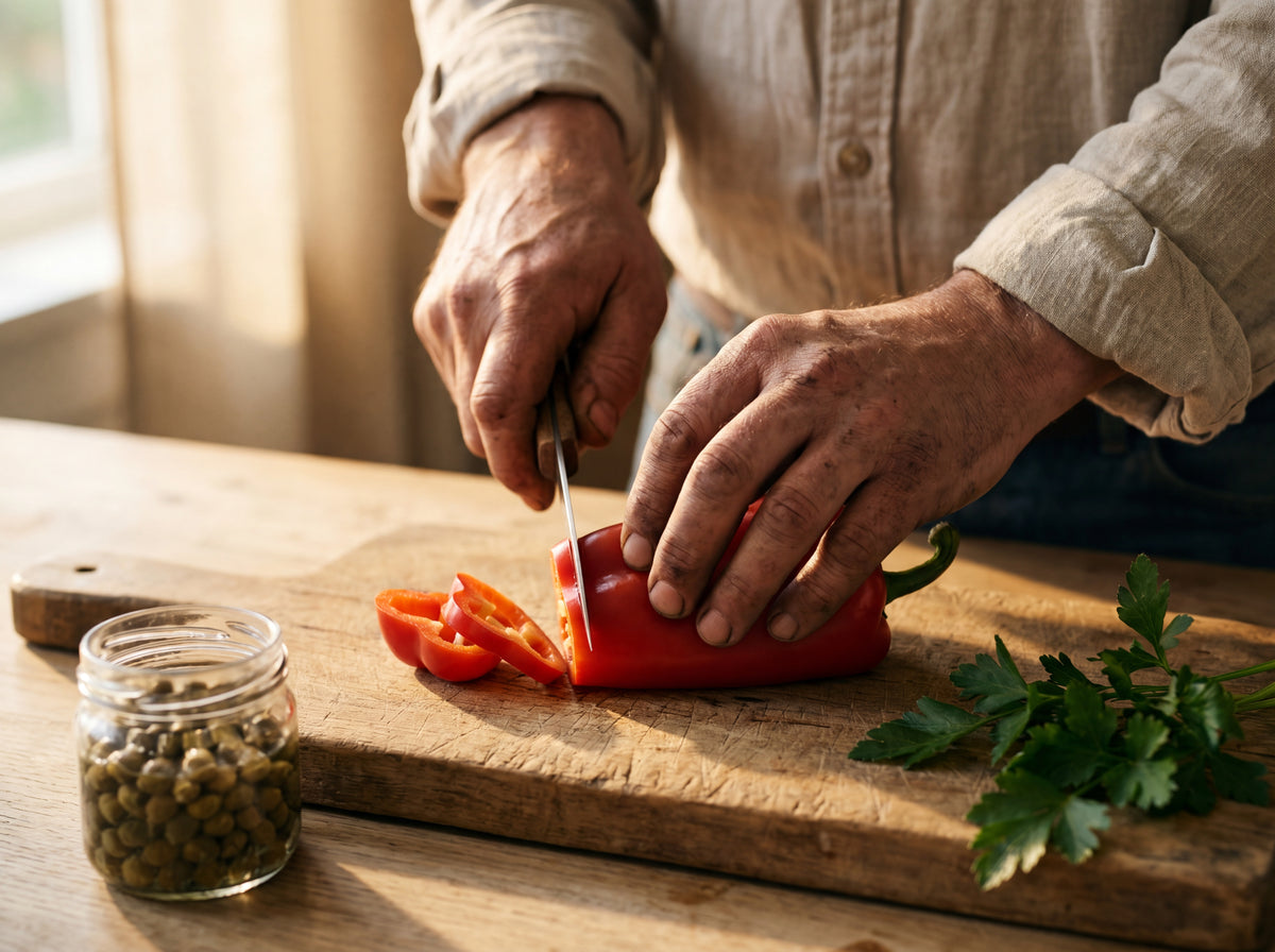 Weathered hands slicing a red pepper, capers jar and parsley alongside