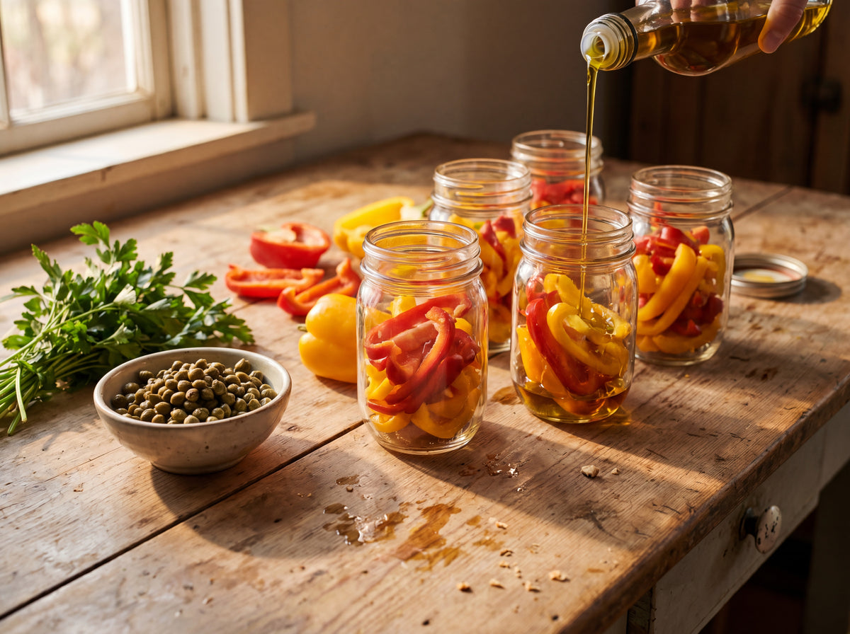Sliced peppers being packed into glass jars with capers and oil