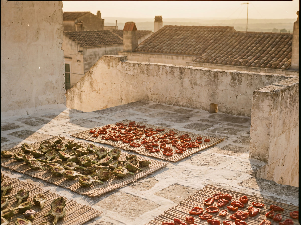 Pugliese rooftop terrace with artichokes and tomatoes drying on woven mats, late afternoon