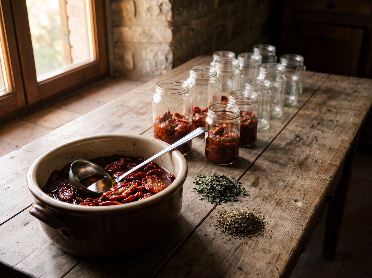 Sun-dried tomatoes being ladled into glass jars, dried herbs on a wooden table