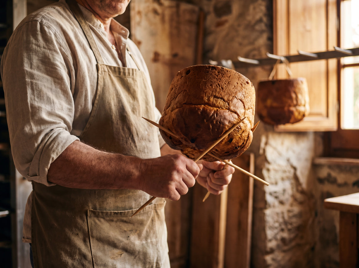 Baker hands holding inverted panettone on skewers to cool, Lombard workshop