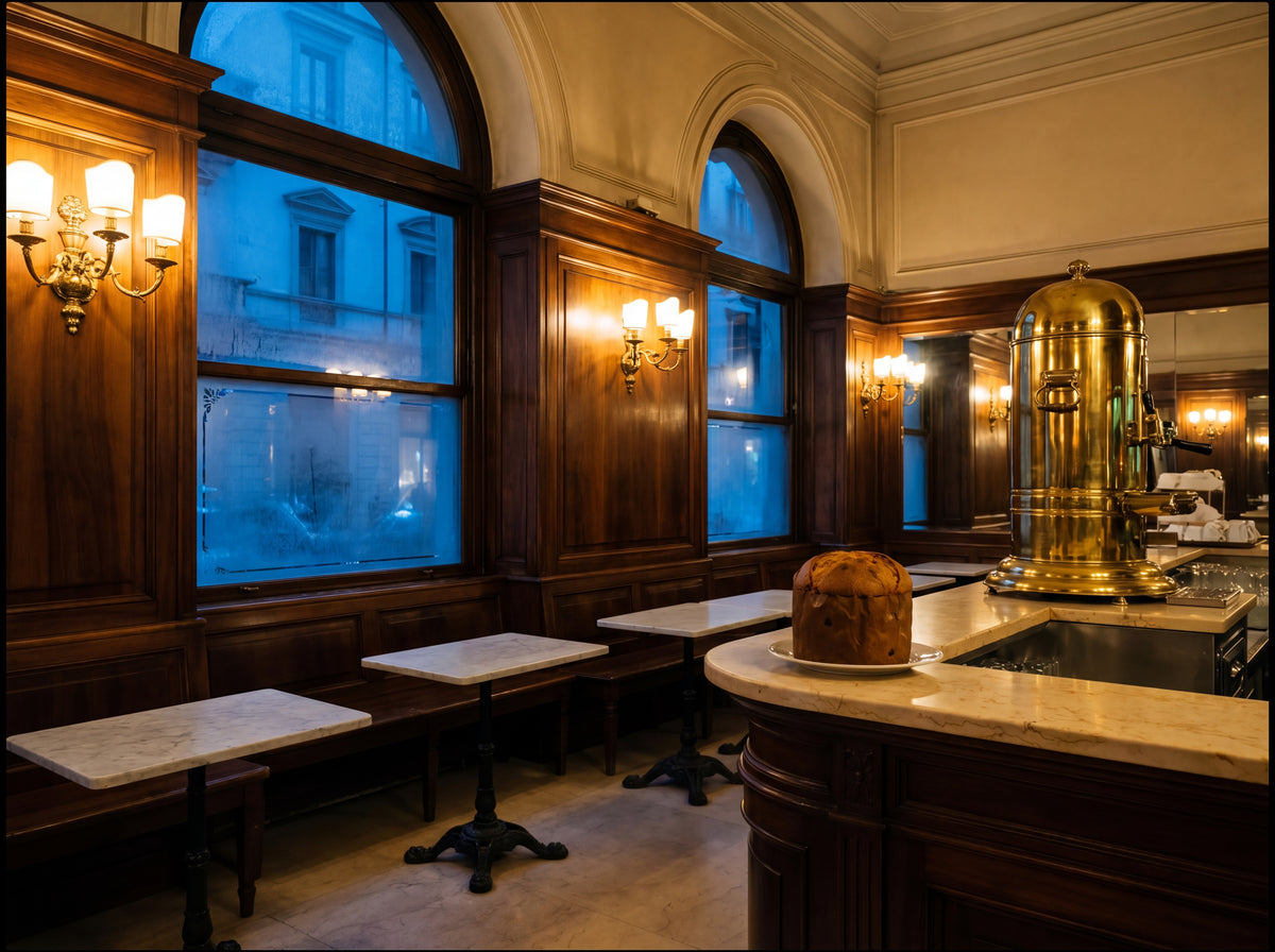 Milanese cafe interior at dusk, marble tables, brass urn, panettone on the counter