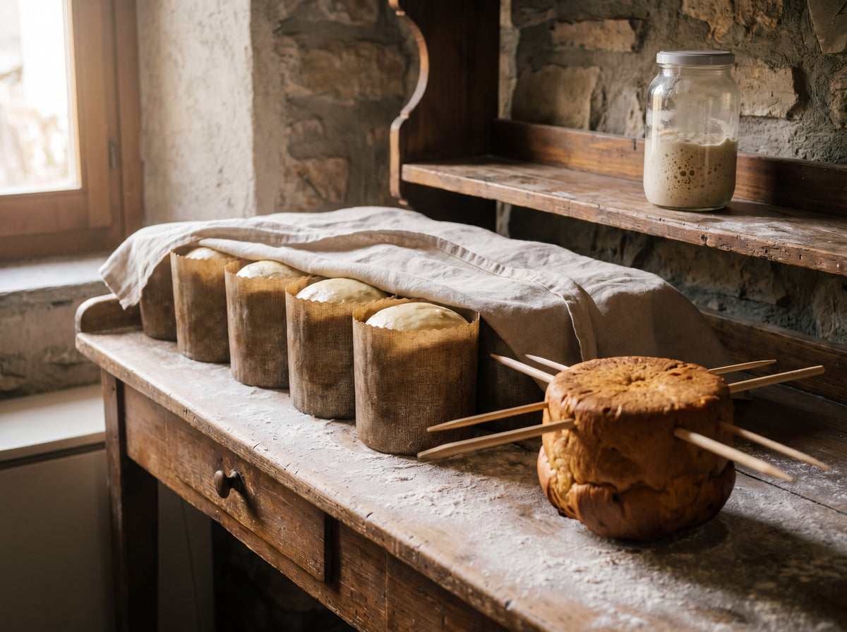 Panettone doughs rising in paper molds, sourdough starter jar on shelf, one inverted on skewers