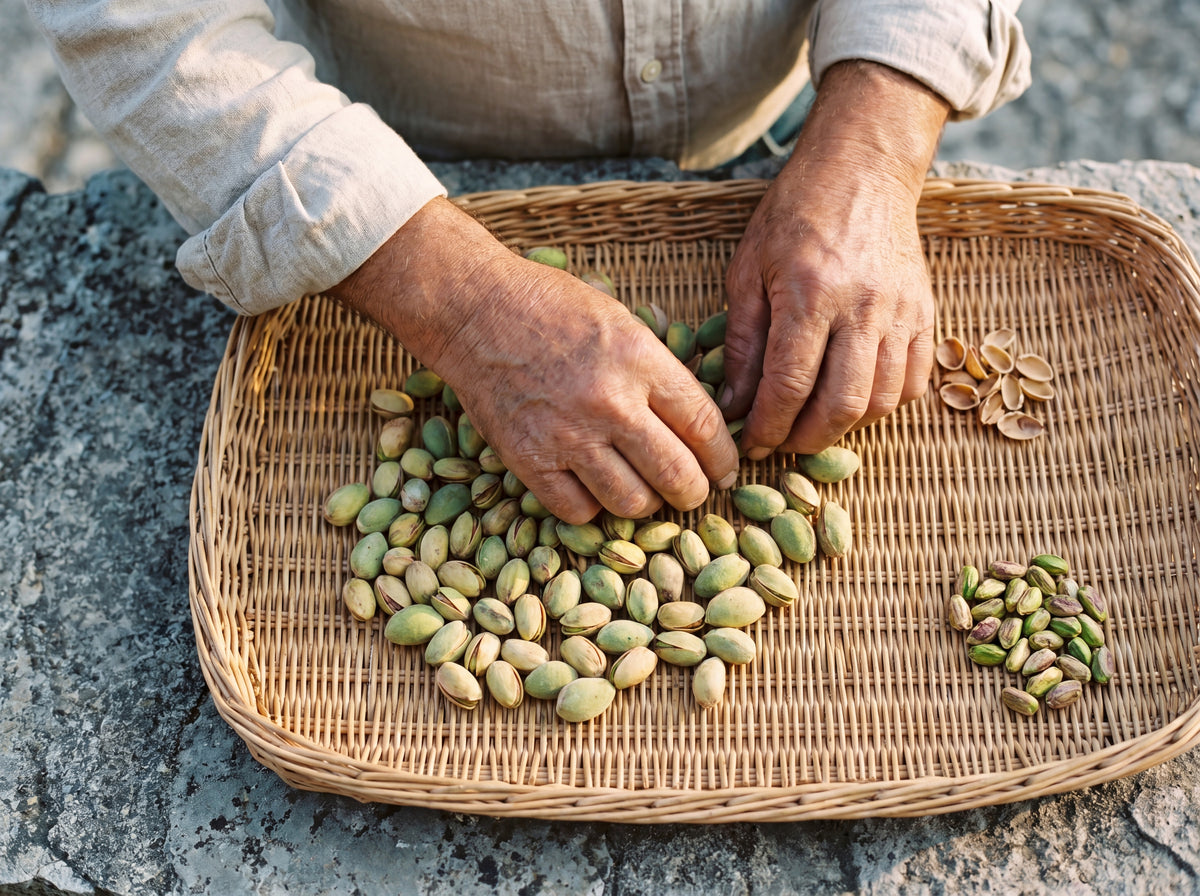 Weathered hands sorting pistachios on a wicker tray, stone surface, Sicily