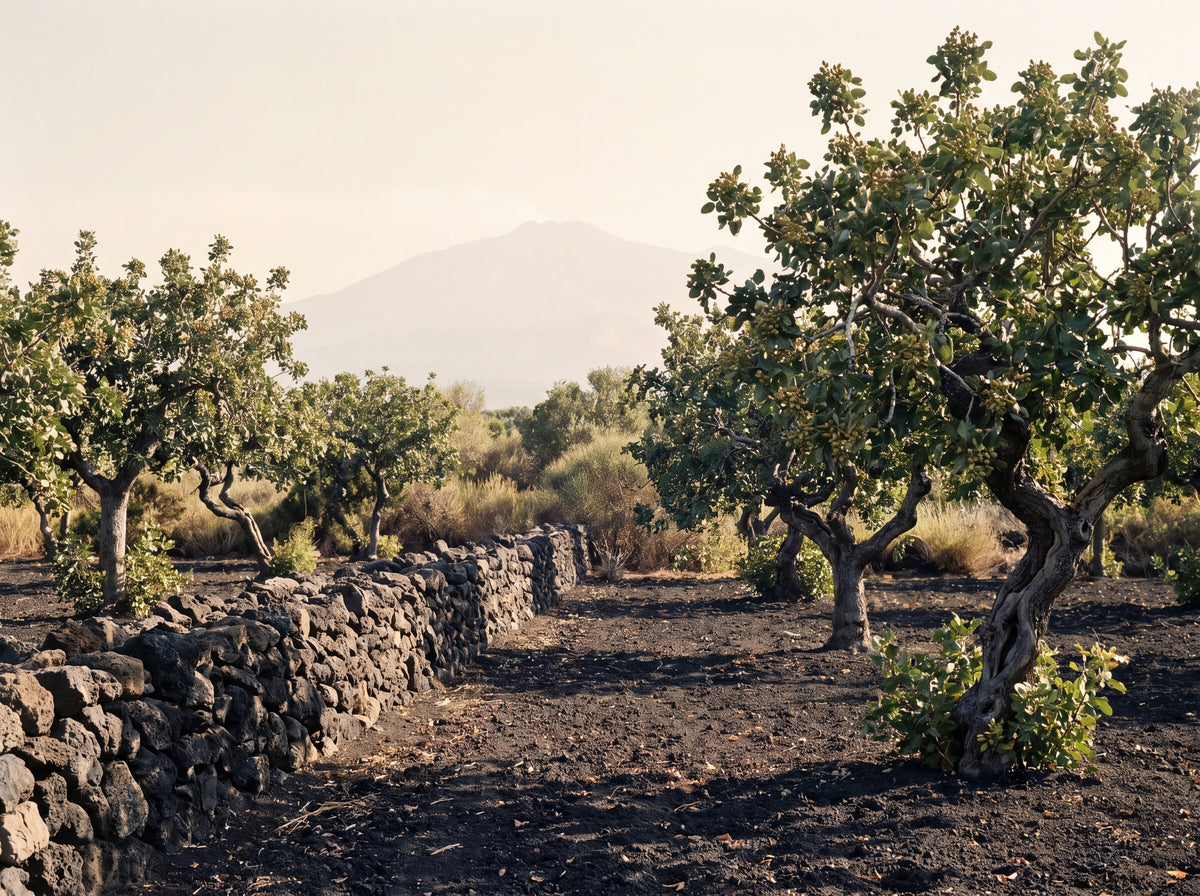 Sicilian pistachio grove on volcanic terrain, dry stone wall, Mount Etna in the distance