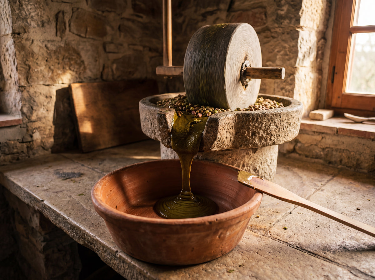 Stone mill grinding pistachios into cream, terracotta bowl, workshop window light