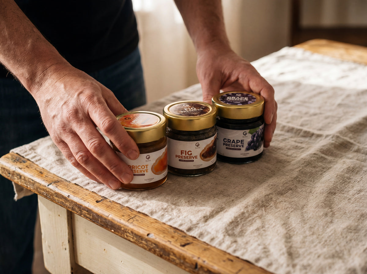 Hands placing three small preserve jars on rough linen as a gift