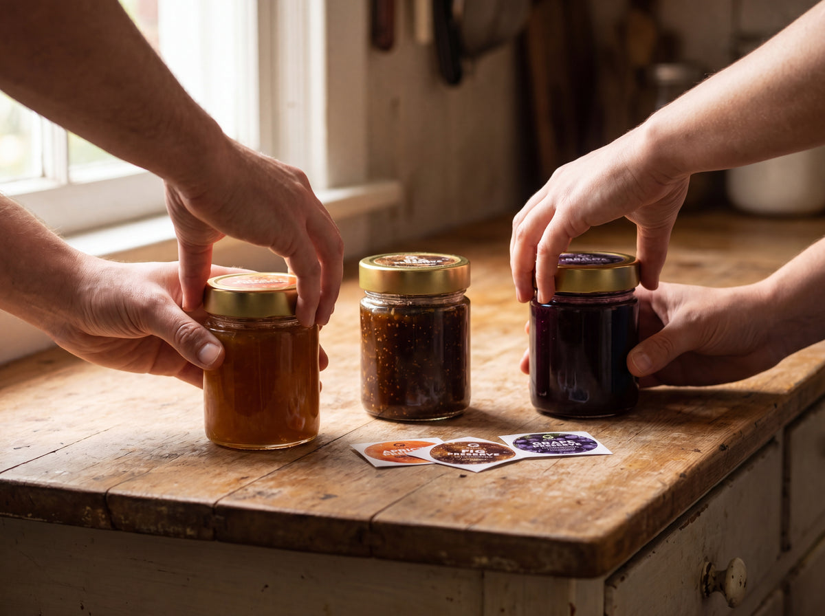 Hands arranging three preserve jars on a worn wooden counter
