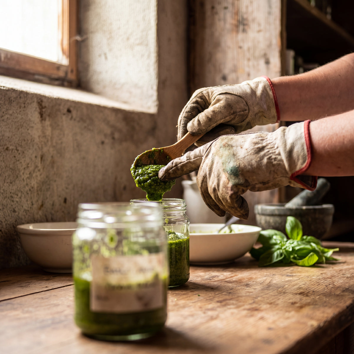 Gloved hands spooning fresh pesto from a wooden bowl into glass jars on a worn workbench.
