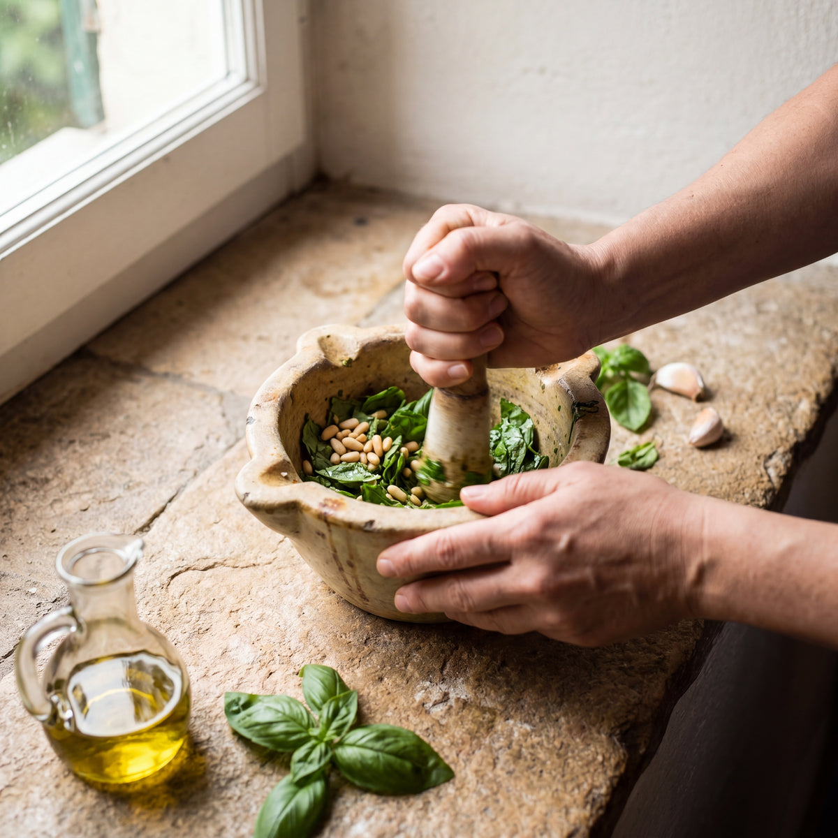 Hands working a stone mortar with basil, pine nuts, and garlic beside a small bottle of olive oil.