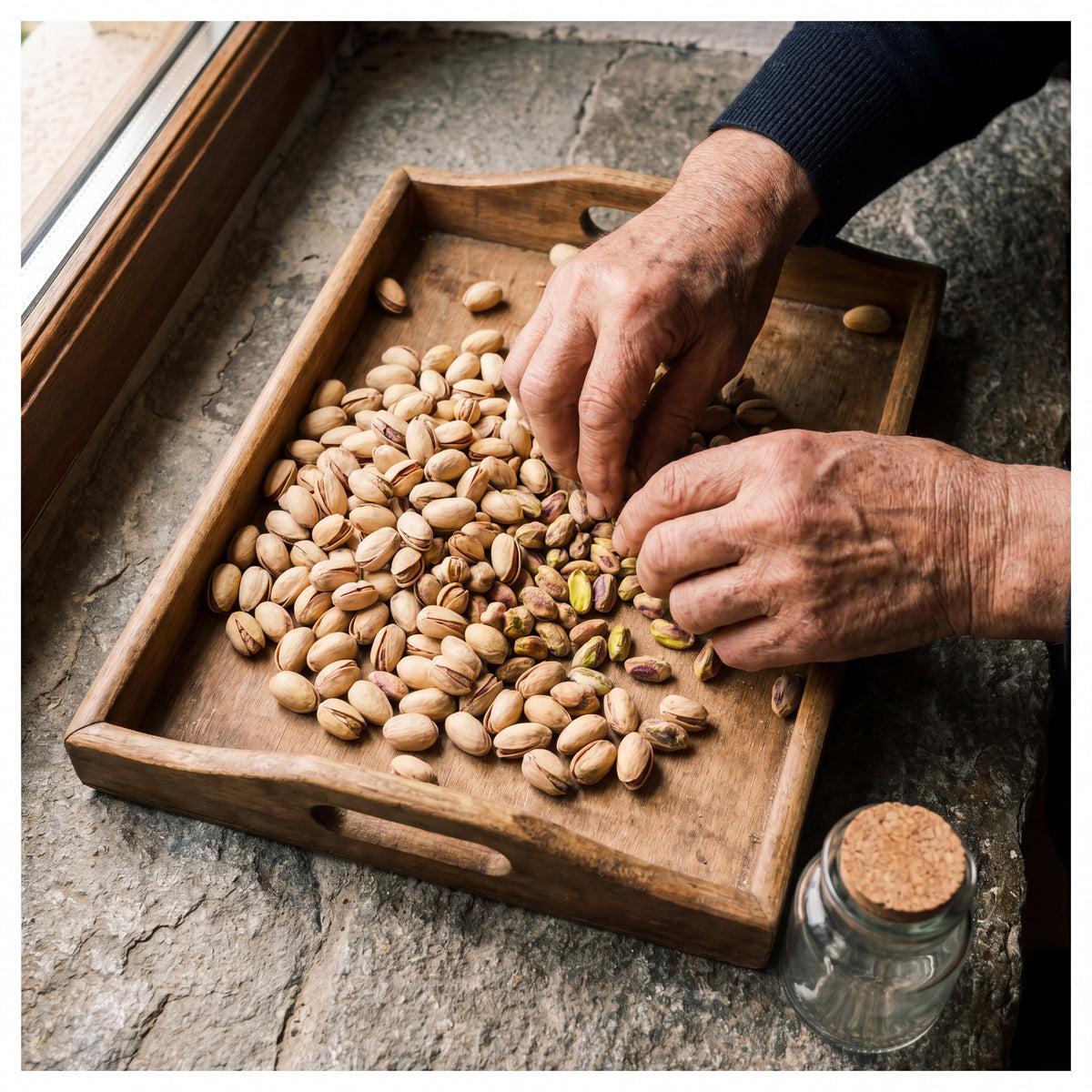 Older hands sorting pistachios in their shells across a wooden tray on a stone counter.