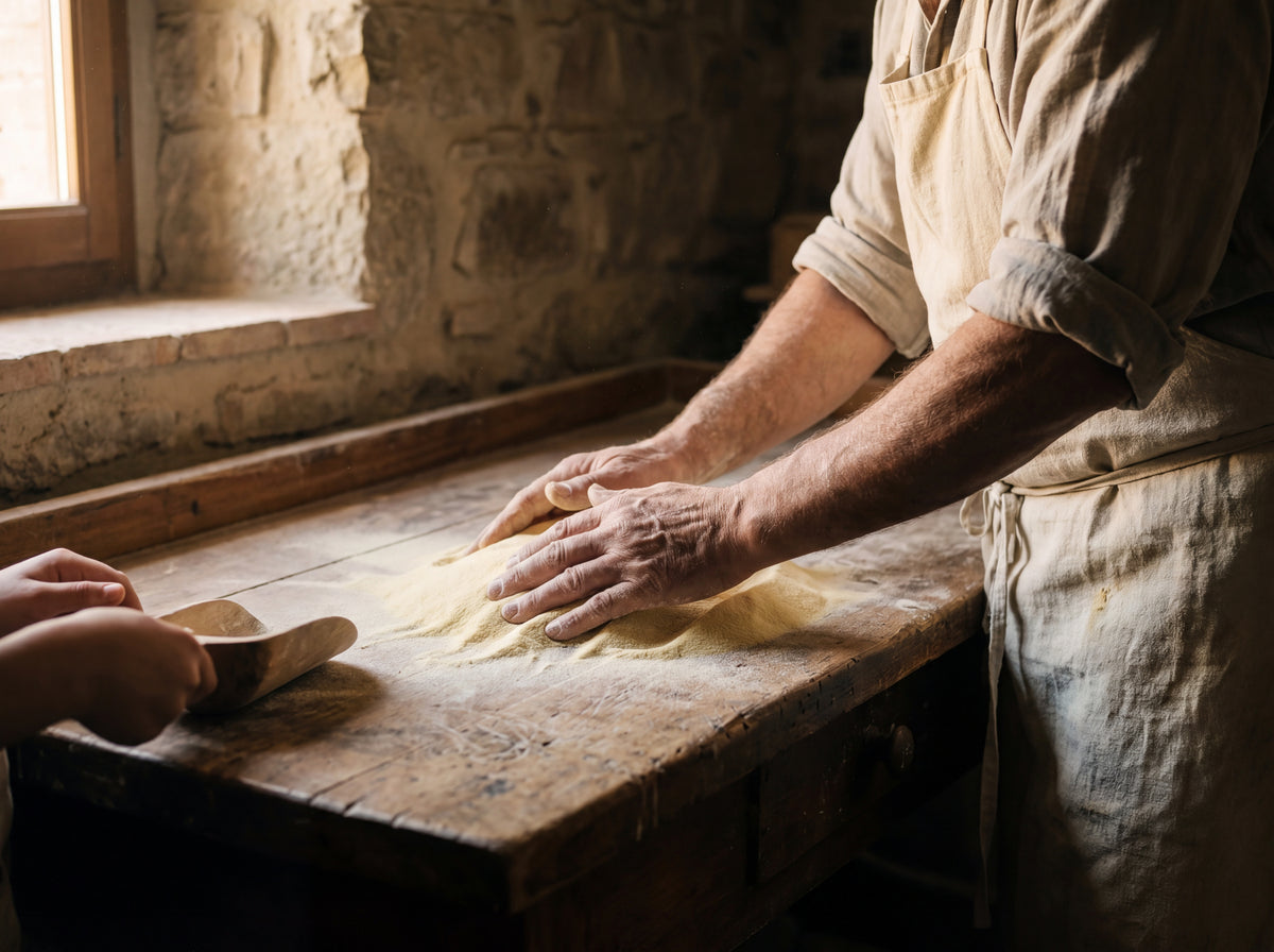 Two pairs of hands, an older worker and a younger one, shaping semolina on a worn wood bench inside an Umbrian mill. Faces deliberately out of frame.