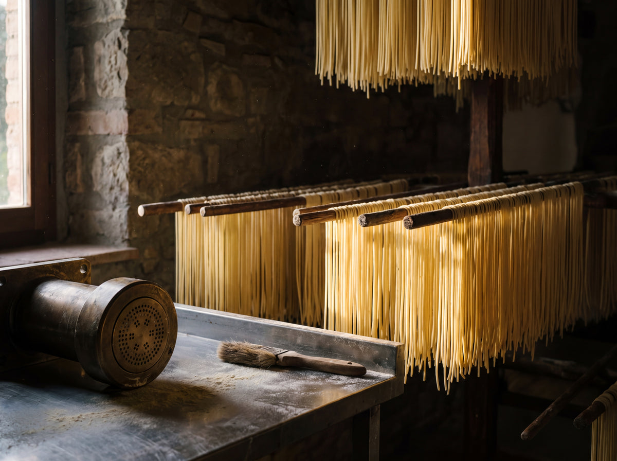 Spaghetti drying on wooden rods inside an Umbrian workshop, side window light, bronze pasta tooling on the workbench. Documentary process.