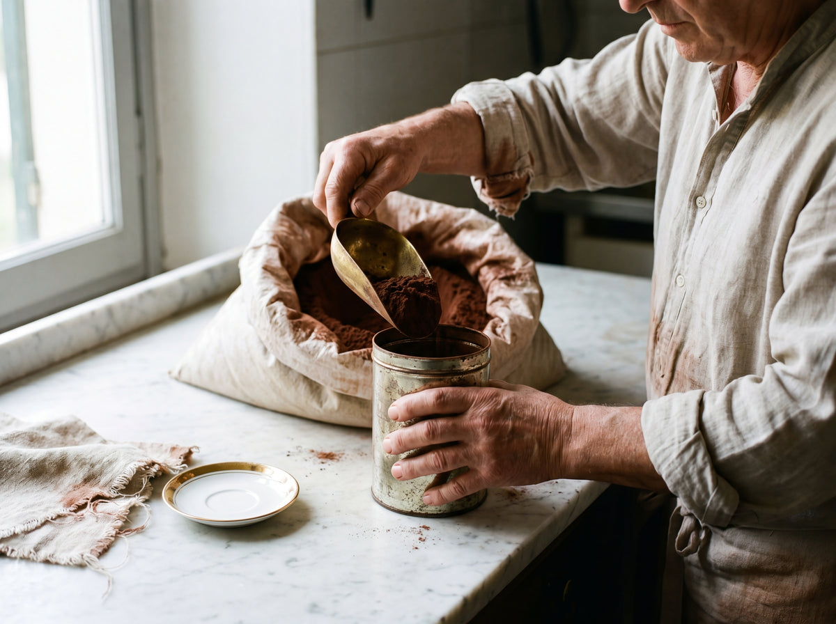A man scooping cocoa powder from a linen sack into a tin canister on a marble counter.