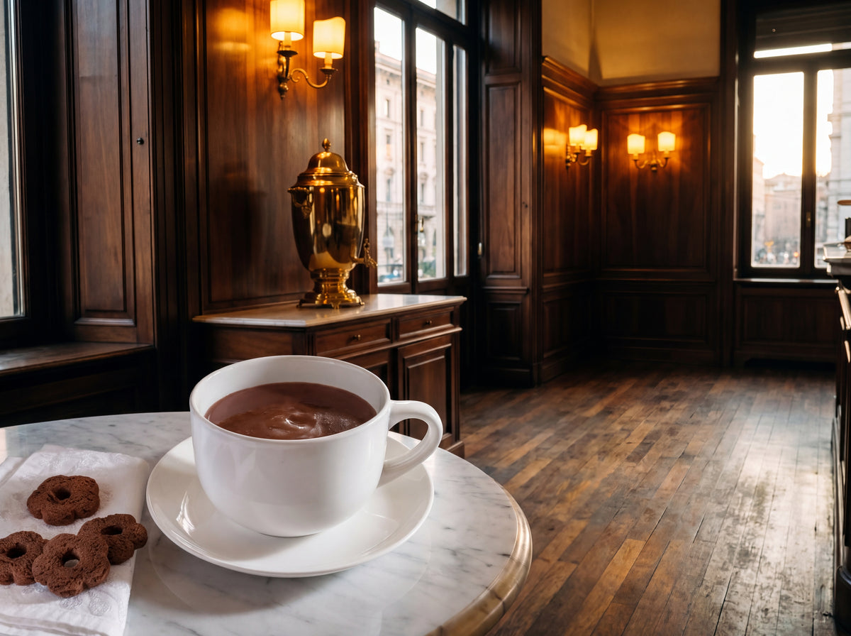 A wood-paneled Italian cafe with a brass urn, marble bistro table, and a cup of thick hot chocolate beside biscotti.