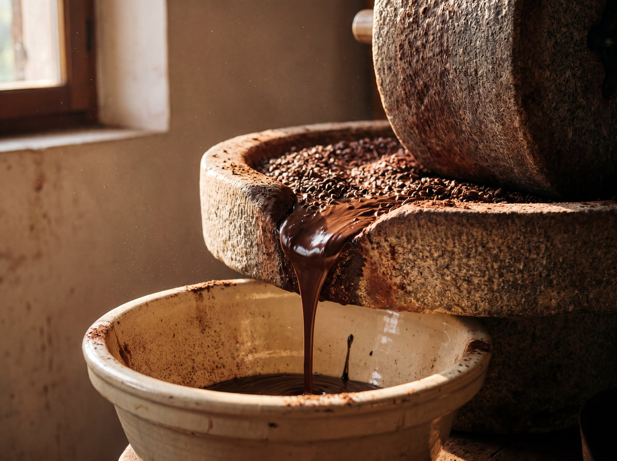 Hot chocolate streaming from a stone mill into a glazed earthenware bowl in a sunlit workshop.
