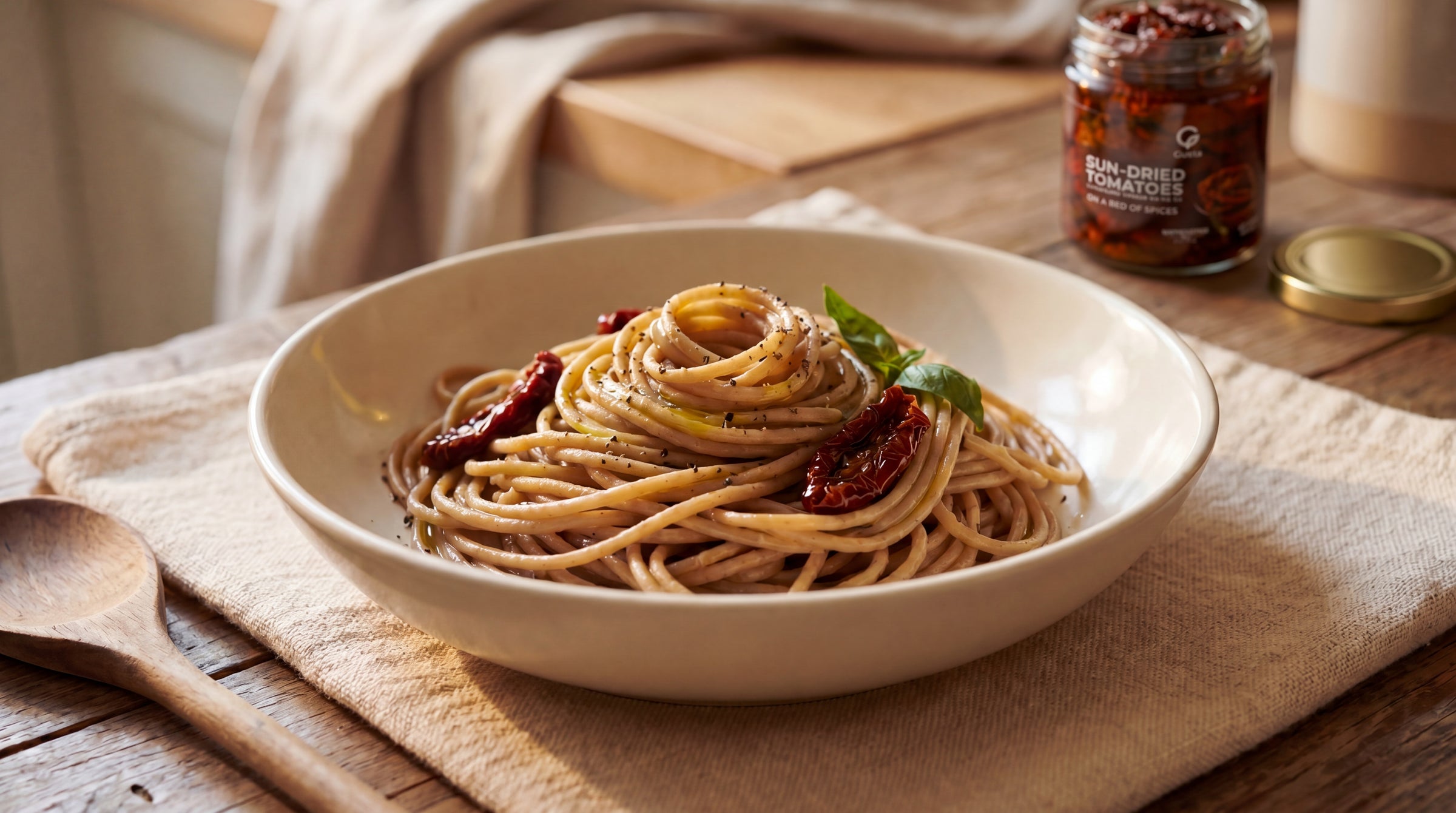 A bowl of bronze-die spaghetti with sun-dried tomatoes, basil, and olive oil, a jar of Gusta sun-dried tomatoes behind on a wood counter, warm morning light.
