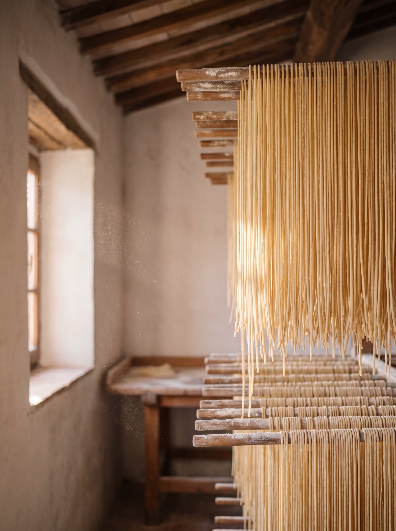 Long bronze-die spaghetti hanging to dry on wooden rods in a small Italian pasta-drying room, warm afternoon window light and flour dust in the air.