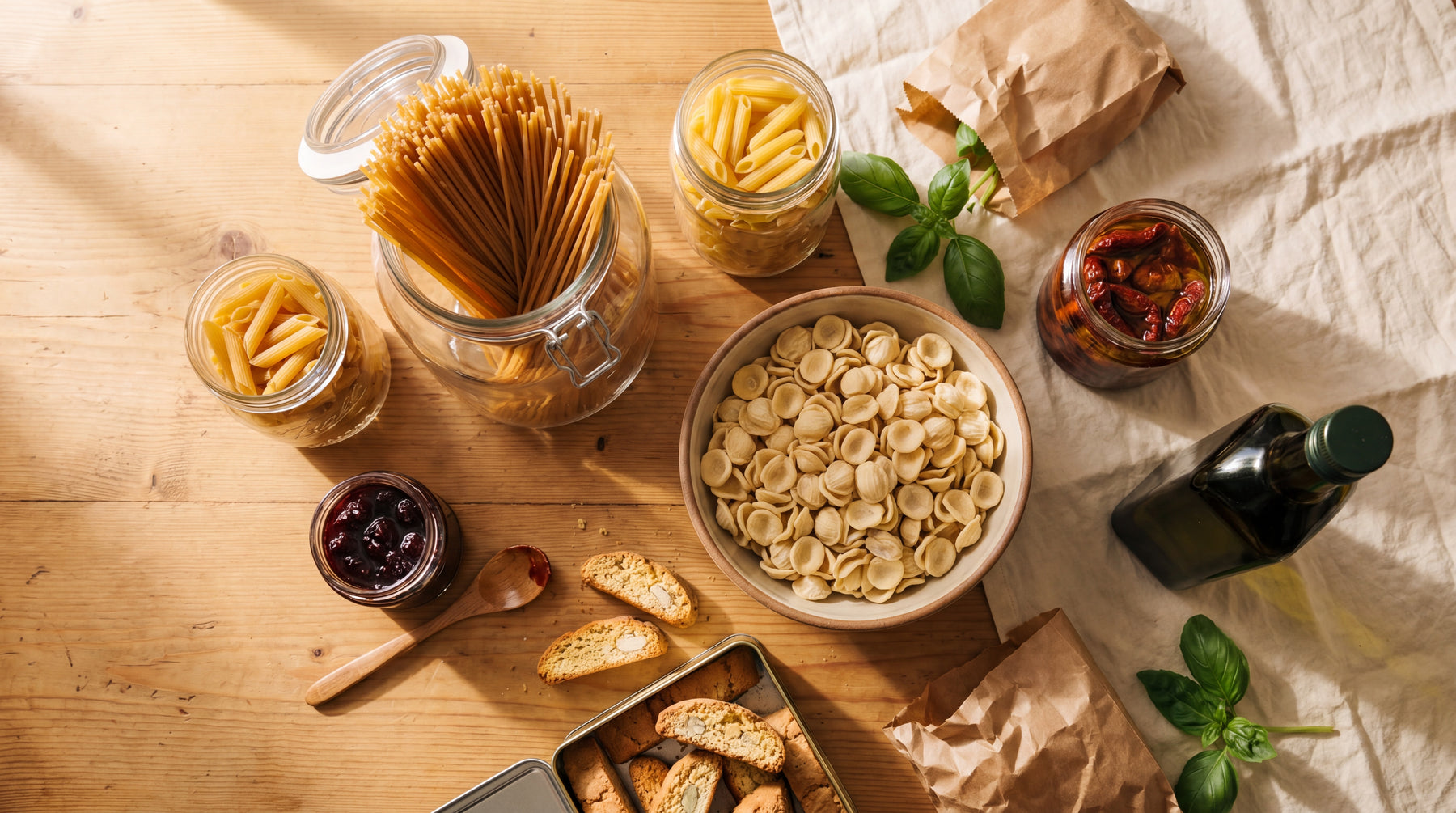 Overhead still life of an Italian pantry on a wooden table, jars of dried pasta, sun-dried tomatoes in oil, fruit preserves, biscotti, and an olive oil bottle.
