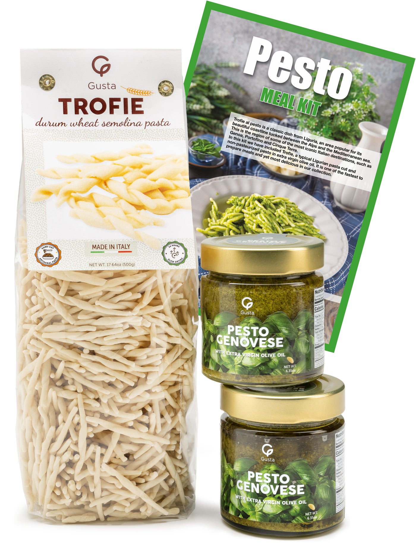 Gusta trofie pasta meal kit contents with pesto jars