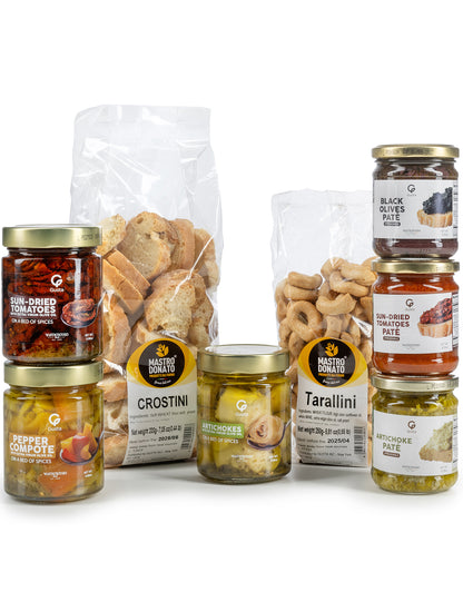 Gusta Antipasto Italiano Appetizer Set - Sun-Dried Tomatoes, Pepper Compote, Artichokes in Olive Oil, Spreadable Vegetable Pates, Taralli, and Crostini Bread