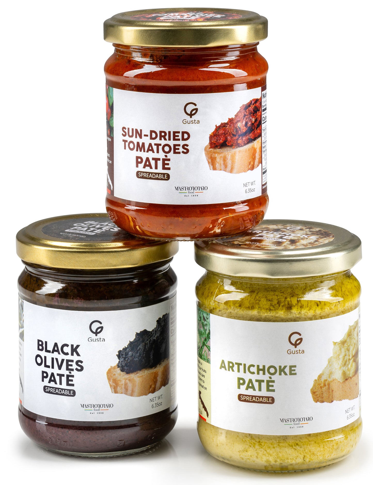 Gusta Variety Pack Spreadable Pates - Sun-Dried Tomato, Black Olive, Artichokes