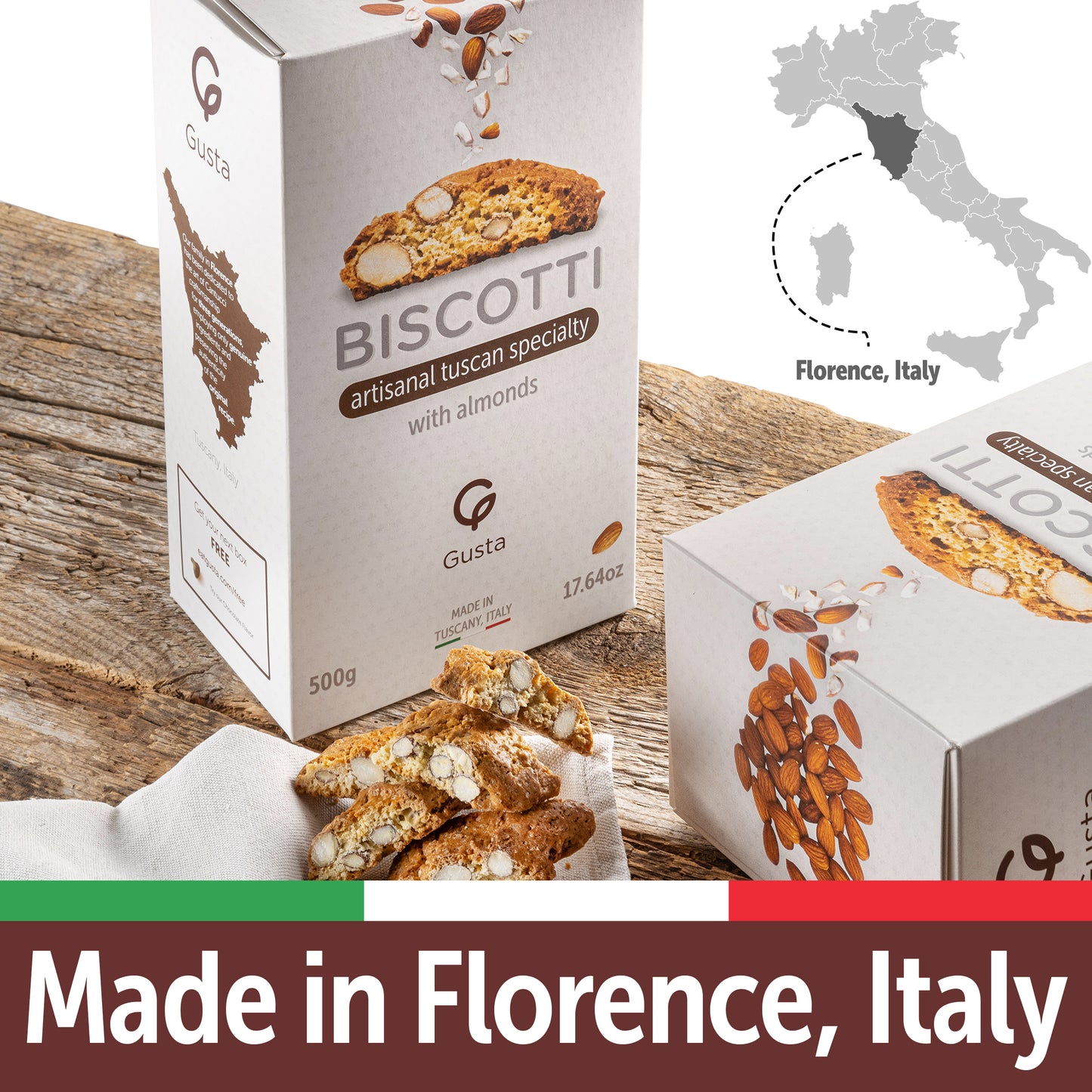 Gusta Authentic Biscotti Cookies Made in Tuscany, Italy - Classic Almond