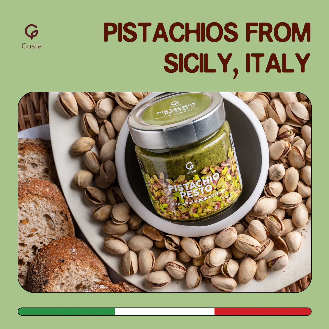 Gusta Sicilian pistachio pesto close-up
