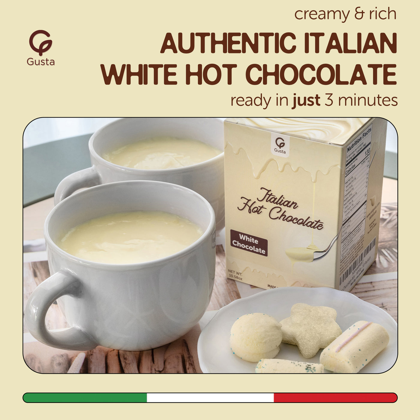 Gusta white hot chocolate sachets detail