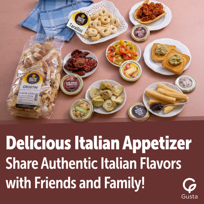 Gusta Antipasto Italiano Appetizer Set - Sun-Dried Tomatoes, Pepper Compote, Artichokes in Olive Oil, Spreadable Vegetable Pates, Taralli, and Crostini Bread