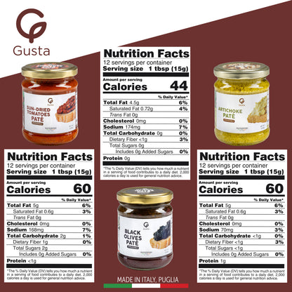 Gusta Antipasto Italiano Appetizer Set - Sun-Dried Tomatoes, Pepper Compote, Artichokes in Olive Oil, Spreadable Vegetable Pates, Taralli, and Crostini Bread