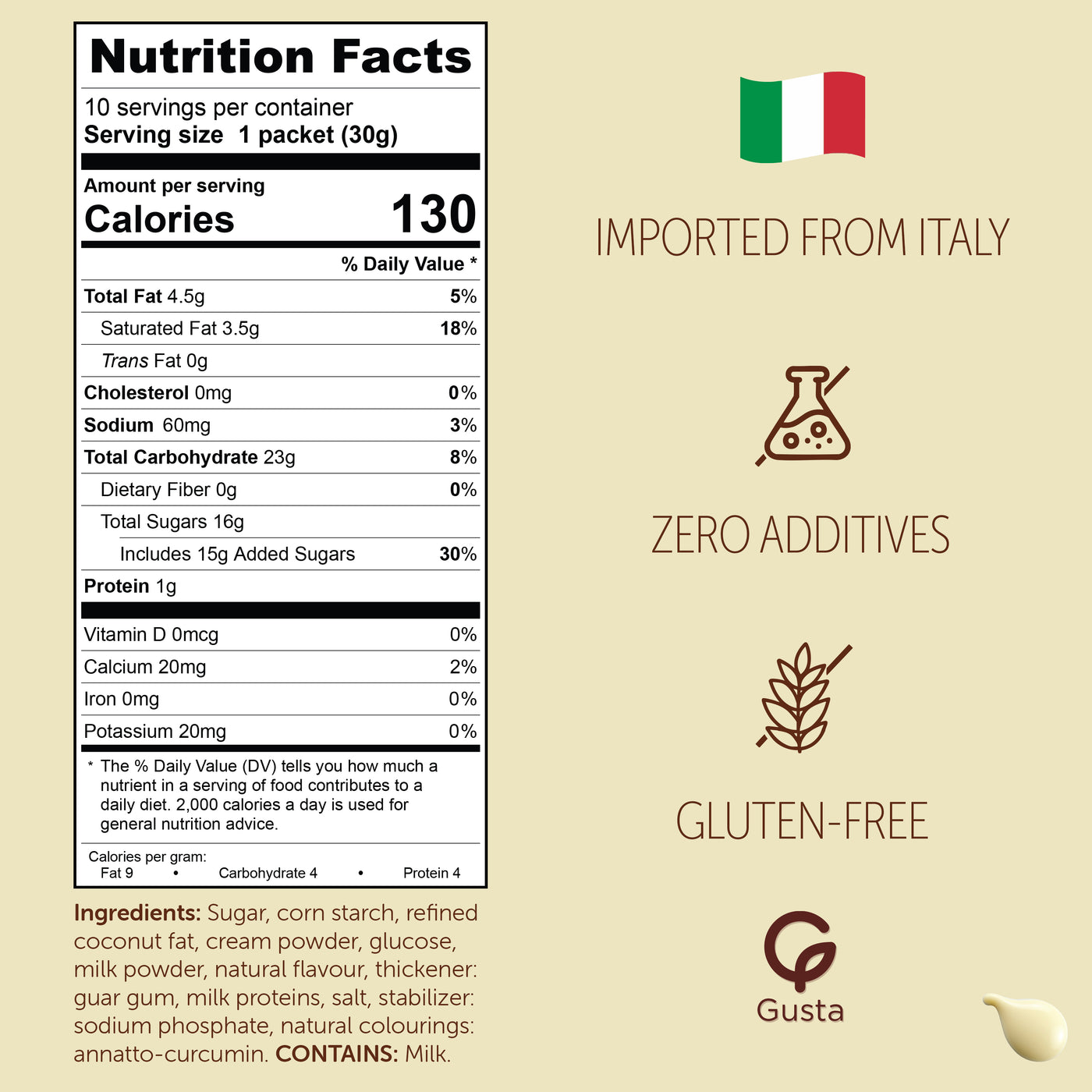 Gusta white hot chocolate back label