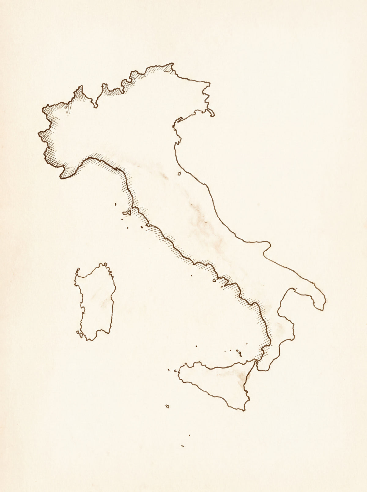 Hand-drawn editorial pen-and-ink illustration of the silhouette of Italy on warm cream paper, including Sicily and Sardinia.