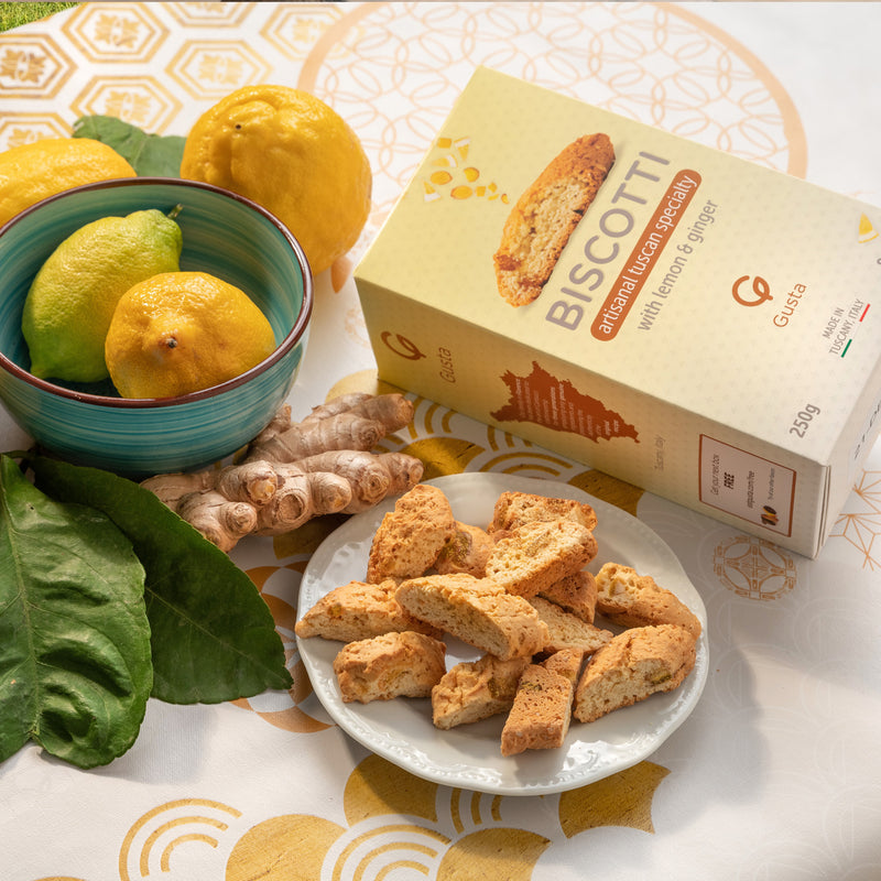Gusta Ginger Lemon Biscotti box made in Tuscany Italy