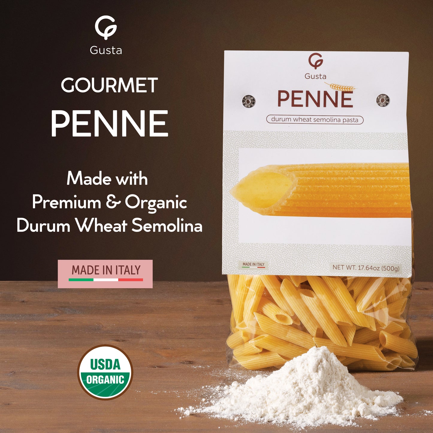 Gusta Penne Pasta - USDA Organic - Non-GMO Durum Wheat Semolina